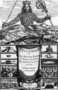 The original frontispiece of Hobbes' 'Leviathan' from  1651, the book from which the statement was taken. The sword and sceptre represent  earthly and ecclessiastical powers respectively.